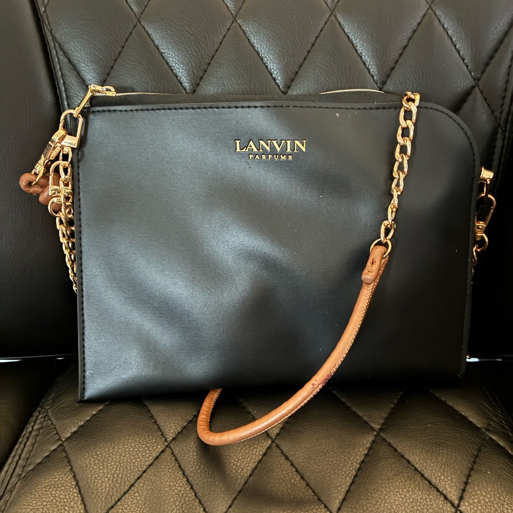 LANVIN Black Leather Cosmetic Pouch with Brown Strap